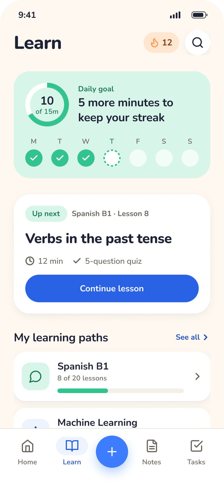 Adept AI Learn screen with daily goal and learning paths