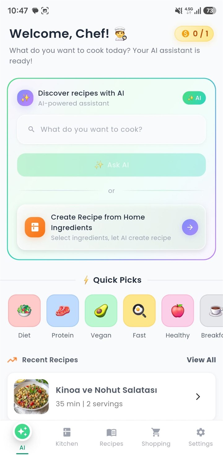 SizzleAI home screen: Welcome, Chef
