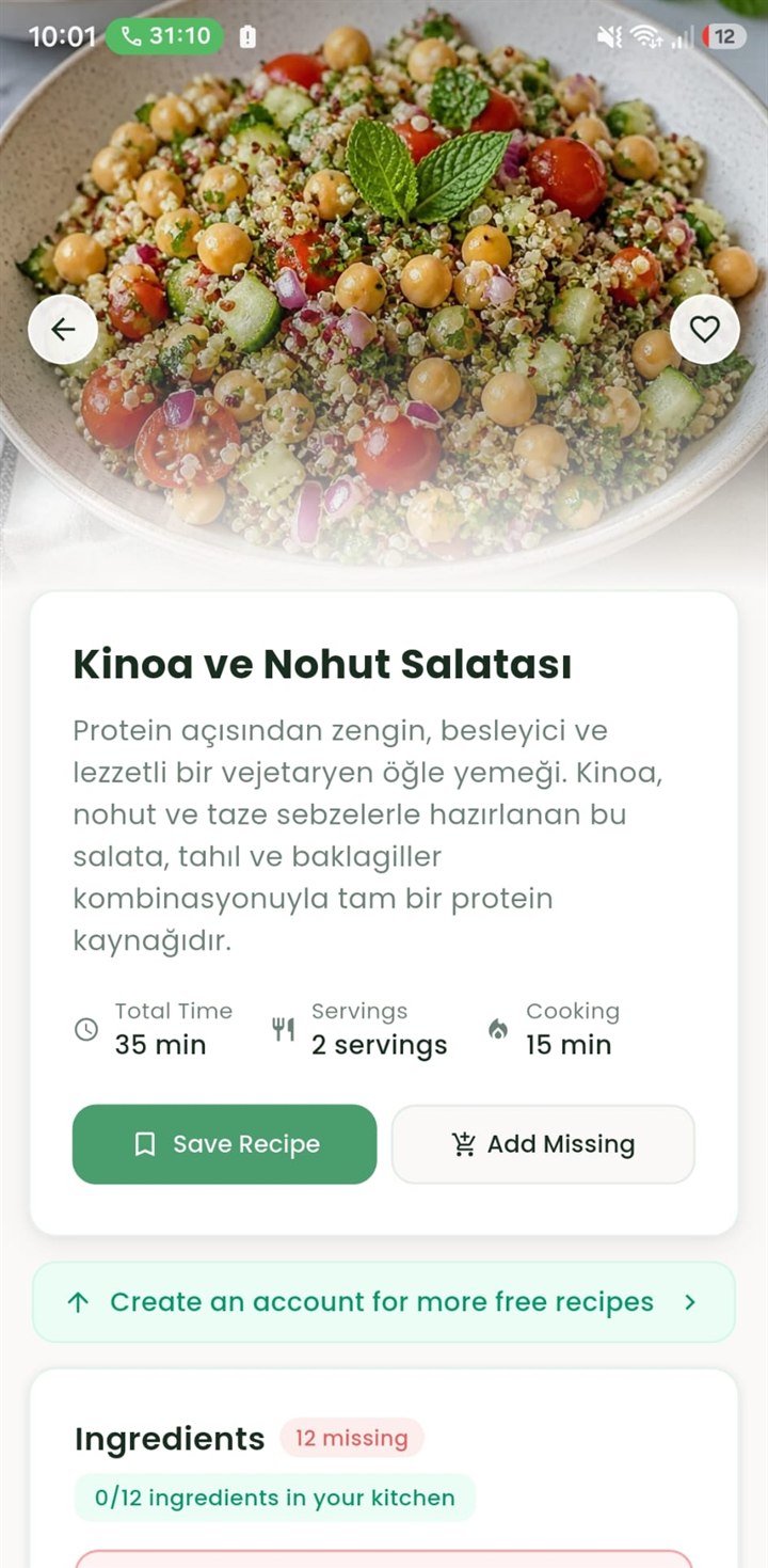 SizzleAI recipe screen: quinoa and chickpea salad
